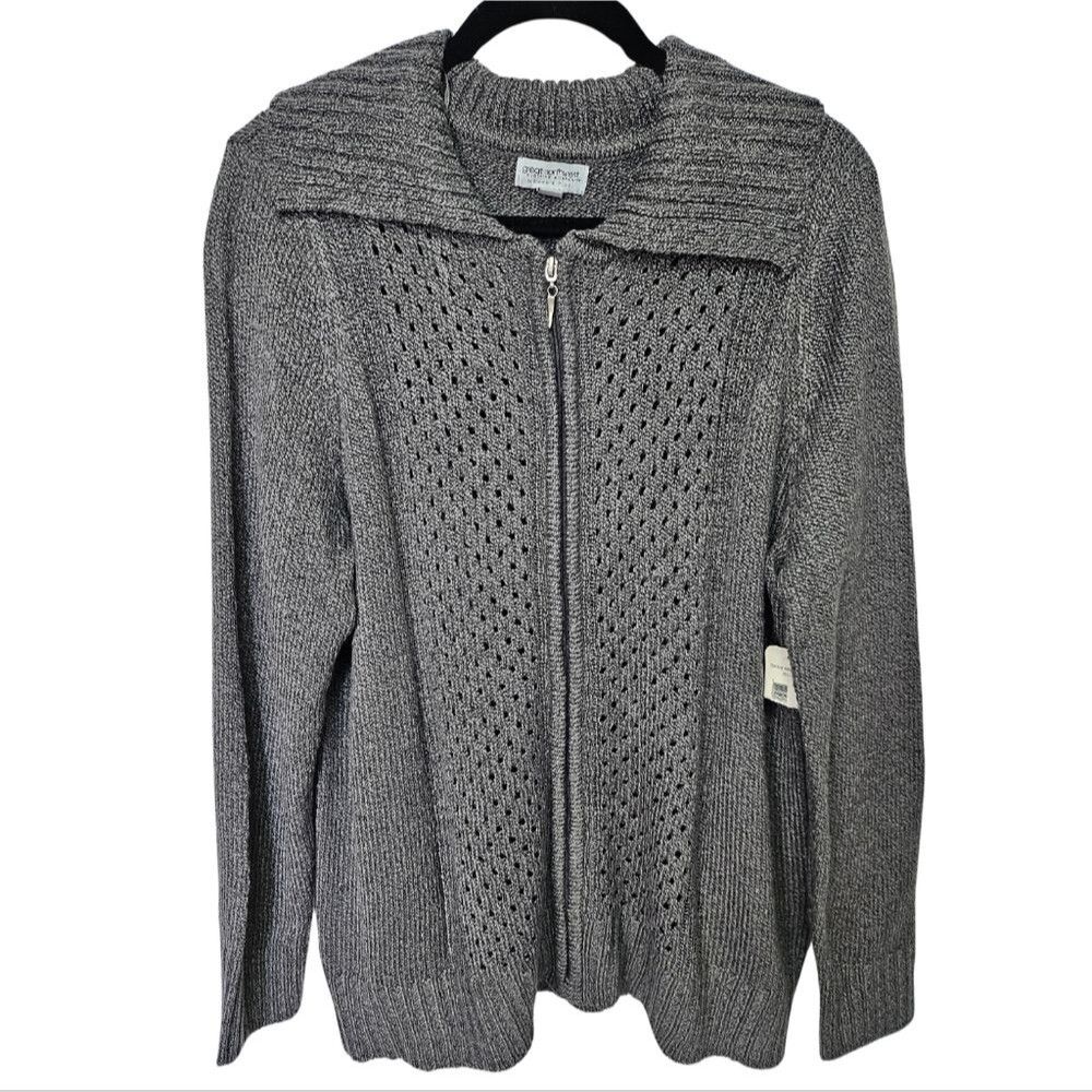 NWT Great Northwest Womens Plus Thick N Thin Pointelle Knit Zip Up Cardigan 1X